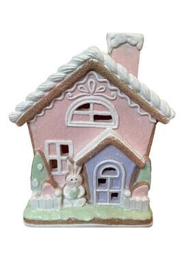 Spring EASTER BUNNY Rabbit Pastel PINK Gingerbread House Light Up Decor NEW